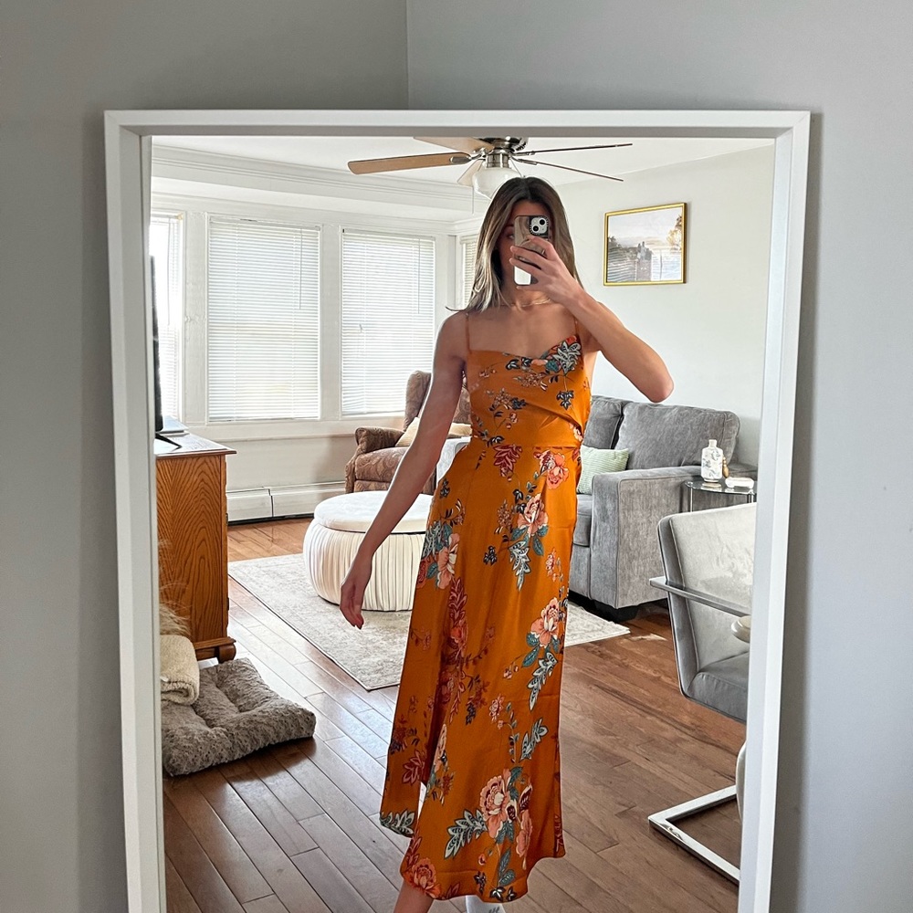 Rust orange floral silk Dress cowl neck Petal and Pup